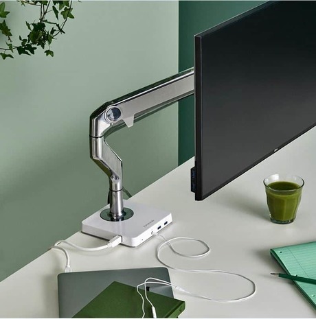 Photo of Ergonomic and adjustable screen support arm by Humanscale Design Studio, vue 2, available at Oburo in Montreal